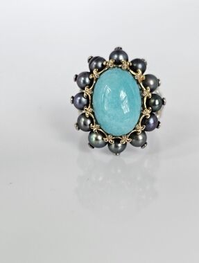Genuine Gems En Vogue Turquoise & Black Pearl Sterling Silver Ring Sz 6! ✨️